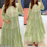Green cotton chikankari embroidered long gown, three-quarter sleeves for women, Indian ethnic wear