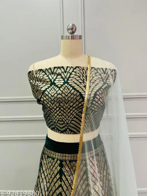 Banarasi Silk Lehenga-Choli: Art Silk lehenga, choli, and net dupatta with woven and zari patterns, semi-stitched (38" waist, 41" length), fully stitched lehenga (41"), unstitched choli fabric (0.8m). Lace details, Indian origin