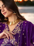 Vichitra Silk embroidered purple kurta set with matching bottomwear and organza dupatta, elegant ethnic wear for women