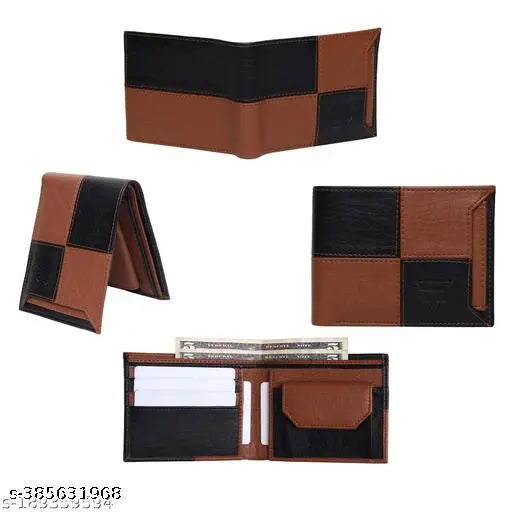 Faux leather/leatherette Men's square ATM wallet, colorblock design with 2 compartments. Durable, well-crafted PU leather wallet for men, featuring 3 credit card slots, ID holder, secret pockets, coin pocket, and more. Made in India