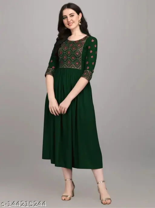 Green rayon anarkali kurti with multicolor embroidery, three-quarter sleeves on display rack
