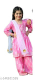 Pastel pink cotton kurti-plazzo set with white shimmered net dupatta, printed three-quarter sleeves, 18-24 months, Indian fashion attire