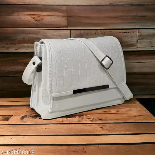 Mozi white PU sling bag, textured net pattern with 5 compartments for women & girls