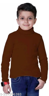 Cotton blend full sleeves high neck turtle neck unisex t-shirt, solid color for kids (4-12 years)