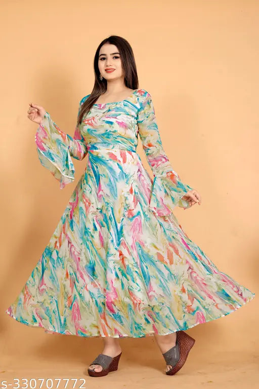 Light color long sleeve Georgette gown, multi-colored digital print for women on display stand, heavy crape lining and fixed belt included, made in India (S-6XL)