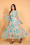 Light color long sleeve Georgette gown, multi-colored digital print for women on display stand, heavy crape lining and fixed belt included, made in India (S-6XL)