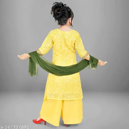 Embroidered cotton kurta palazzo set with dupatta for girls aged 4-10, Indian A-line design
