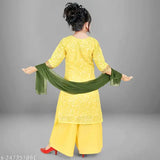 Embroidered cotton kurta palazzo set with dupatta for girls aged 4-10, Indian A-line design