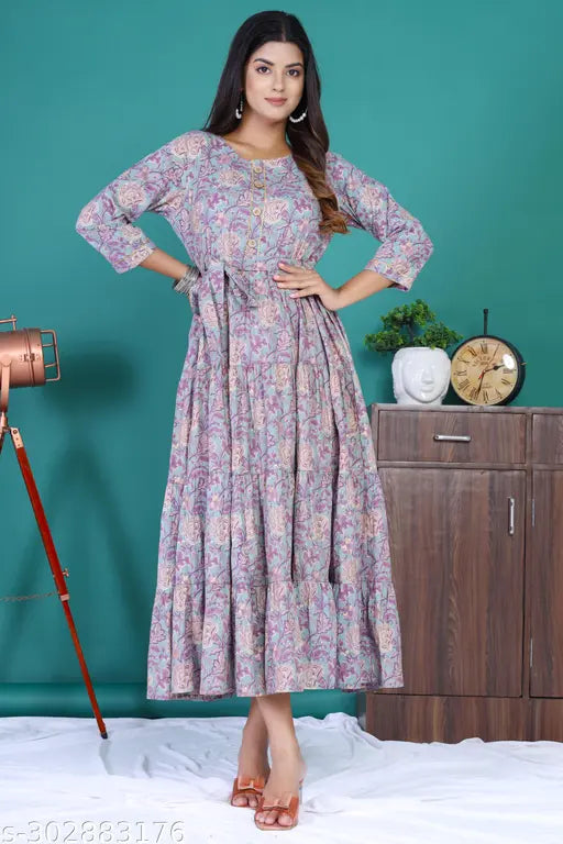 Turquoise floral print cotton anarkali kurta for women, three-quarter sleeves, tiered and belted design, Indian origin