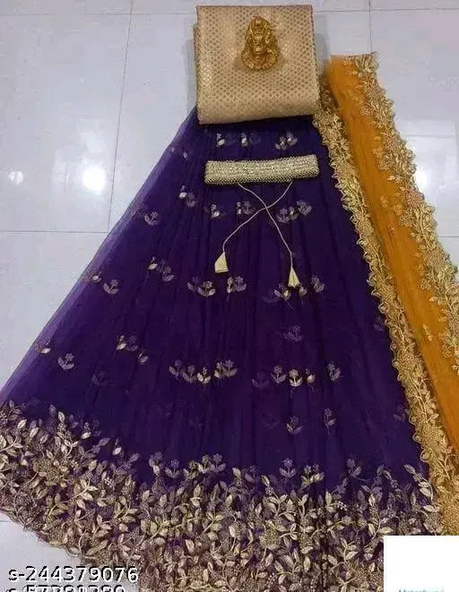 Attractive Art Silk Lehenga with Embroidered Dupatta and Net Bottomwear, unstitched (Lehenga waist 39in, length 42in, dupatta 2.05in), Indian handcrafted design
