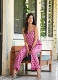 Printed rayon pyjamas with sleeveless spaghetti top and palazzo bottom, lightweight for comfortable sleepwear, size XS to 4XL, Indian origin