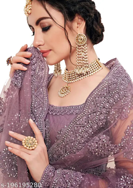 Beautiful chain embroidered net lehenga choli with Zari work, semi-stitched Indian bridal wear