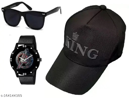 Black Avenger printed analog watch combo with 3D rubber printed King cap and black Wayfarer sunglasses for men/boys, cotton accessory set