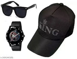 Black Avenger printed analog watch combo with 3D rubber printed King cap and black Wayfarer sunglasses for men/boys, cotton accessory set