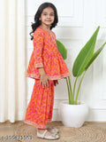 Printed cotton kids sharara set, three-quarter sleeve anarkali kurta with lahariya design - Indian ethnic wear