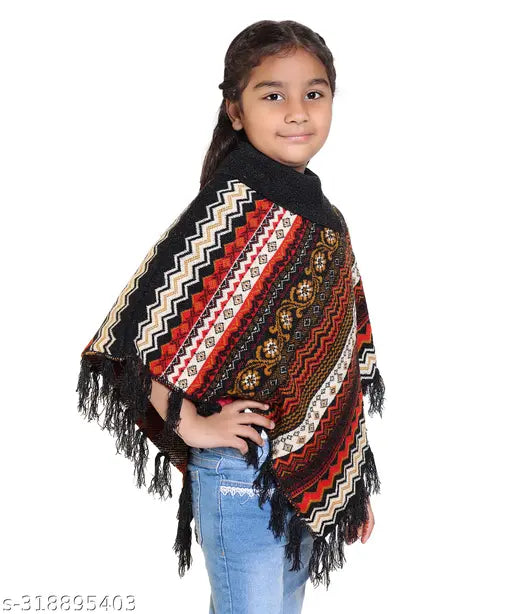 Soft woolen poncho (printed), sleeveless for girls (ages 2-8), handcrafted in India
