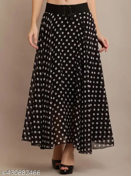 Black Georgette long skirt with Shiva women black dot printed pattern. Women's size 28, 30, 32, 34, made in India
