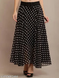Black Georgette long skirt with Shiva women black dot printed pattern. Women's size 28, 30, 32, 34, made in India