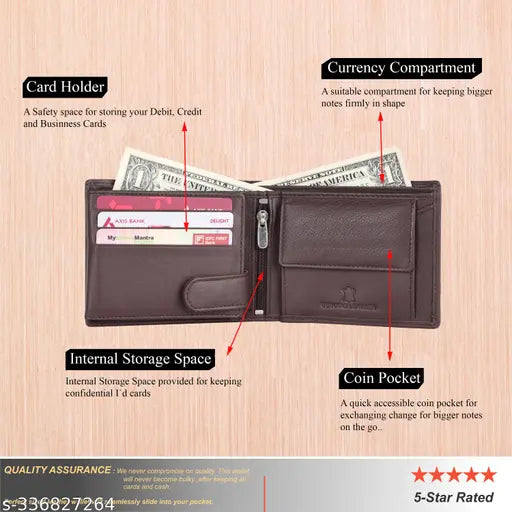 Brown genuine leather RFID men's formal wallet with 9 card slots & keychain, smooth texture, high-quality craftsmanship, India origin