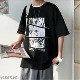 Oversized printed cotton t-shirt for men, black color with anime graphics, round neck, down-shoulder design, short sleeves, made in India