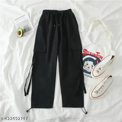 Stylish black cotton cargo for women & girls - unique self-design net pocket