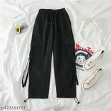 Stylish black cotton cargo for women & girls - unique self-design net pocket