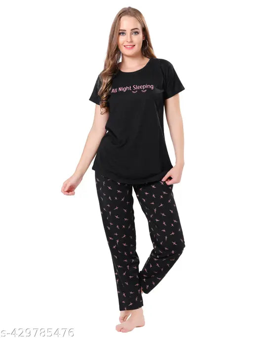 Black hosiery printed night suit, 100% cotton for comfortable sleep wear