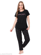 Black hosiery printed night suit, 100% cotton for comfortable sleep wear