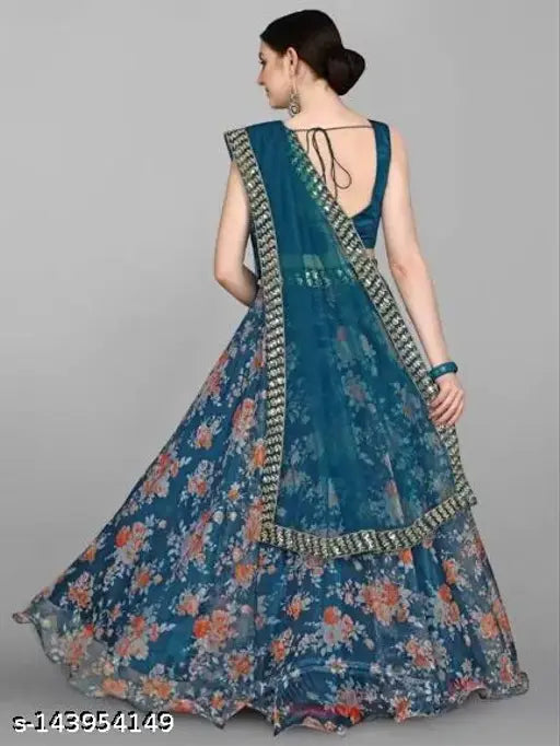Embroidered satin lehenga-choli (Rama), chevron-floral pattern with net dupatta. Indian semi-stitched bridal wear