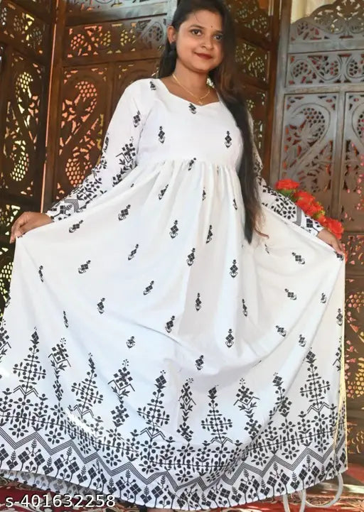 Rayon embroidered Anarkali kurti, long sleeves, fashionable printed design. Multiple sizes available