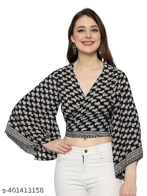 Art Silk Women's three-quarter sleeve printed crop top wrap tunic, V-neckline, free size (Bust 42in, Length 18in), Indian origin