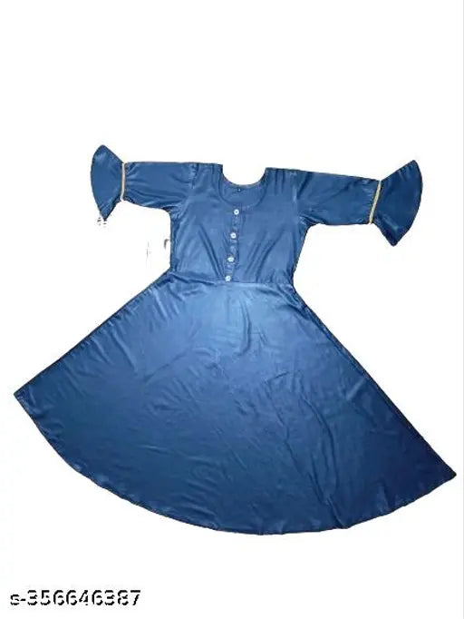 Navy Blue Rayon Flared Kurti Gown with Three-Quarter Sleeves, solid pattern, effortless style and comfort for women's fashion