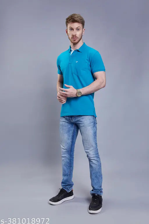 Blue cotton blend polo neck short sleeves t-shirt, stylish & trendy graphic design for men's fashionable comfort, ethically sourced materials from India