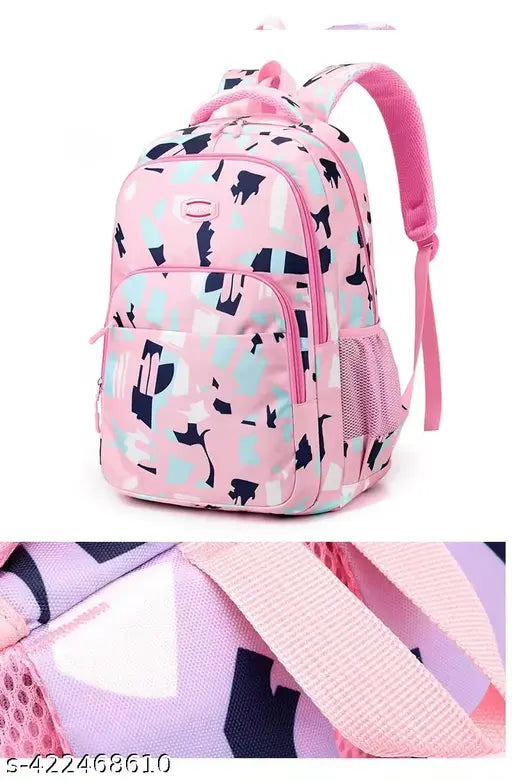 Pink printed fabric net backpack for women, stylish design with multiple compartments and adjustable straps