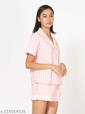 Striped pink cotton top & shorts set for women, stylish leisurewear with short sleeves