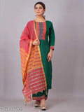 Green pure cotton Kurta and Palazzo set with three-quarter sleeves, solid net Floral print on display