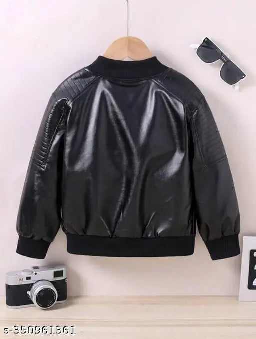 Boys leather biker bomber jacket with fur, premium PU material, self-design, long sleeves