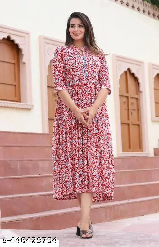 Rayon Anarkali Jaipur Kurti, vibrant Sanganeri prints, traditional Indian women's fashion