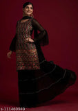 Black sequins georgette designer salwar suit dupatta set, heavy embroidery and multi-color threadwork on black round neck straight kurta paired with tiered sharara pants. India origin
