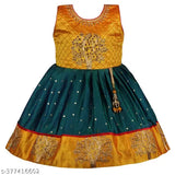 Bottle Green satin frock dress for girls with yellow-green embroidered print and gold details, including waistband and tassel. Indian country of origin