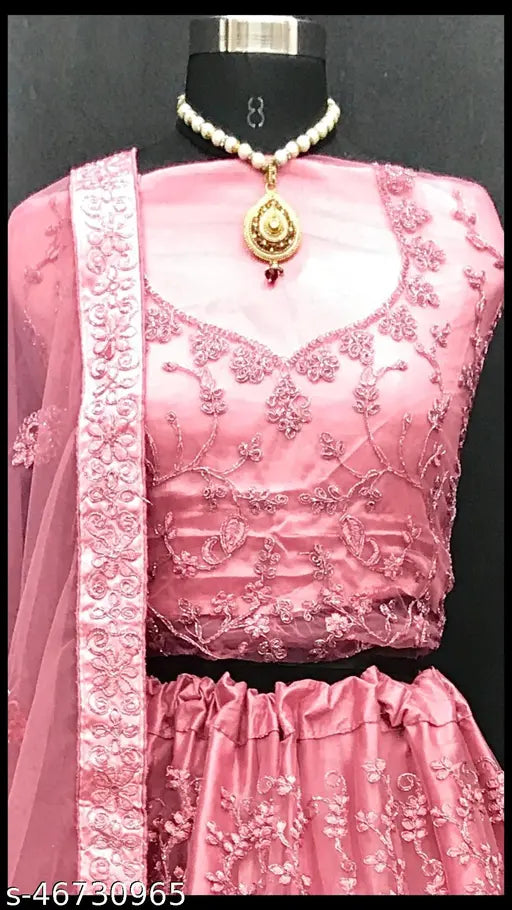 Elegant pink net Lehenga Choli with extra inner and dupatta, ideal for weddings, festivals, parties. Indian embroidered work on semi-stitched blouse and dupatta