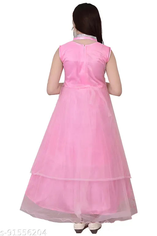 Net princess dress for girls, high low design, inspired by trends. Stylish evening gown, net fabric, corsage detail, available in grey, green, pink, orange, suitable for parties, weddings, ceremonies. KittyFashion kids wear, India origin