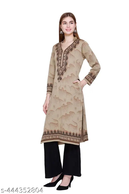 Women's winter wear jacquard woolen kurti, three-quarter sleeve, printed combo, calf length, mandarin collar V-neck, two side pockets, worn on a model