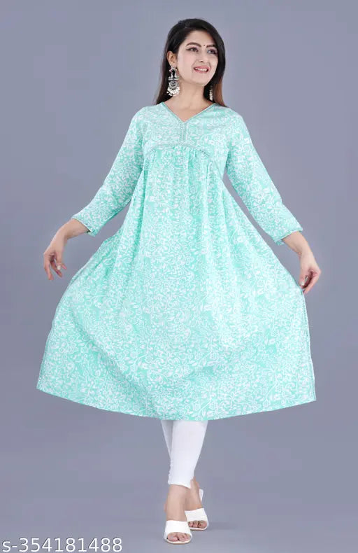 Viscose rayon, beautiful Alia cut gown with three-quarter sleeves in printed combo. Indian traditional attire on model