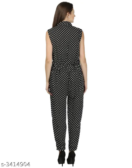 Black color polka dot print full length jumpsuit, women's crepe fabric, casual western wear