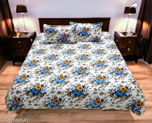 Blue and White Floral Polycotton Flat Sheet (90 x 100 inch) with 2 Pillow Covers (20x12 inch each), Finesse Decor 250 TC for Double Queen Bed, Botanical motif bed linens