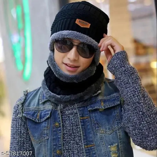 Black acrylic unisex beanie cap & muffler scarf set - ultra soft woolen balaclava with face cover
