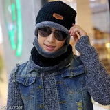 Black acrylic unisex beanie cap & muffler scarf set - ultra soft woolen balaclava with face cover
