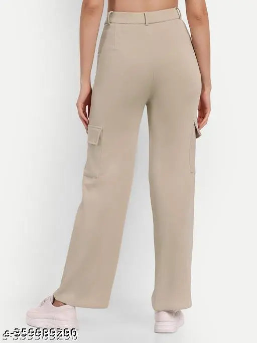 Cream viscose rayon cargo pants, high rise with slanted inset pocket and flap patch. Comfortable, stretchable, casual and formal wear. Ideal for a relaxed straight fit