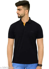 Black cotton blend polo neck short sleeves t-shirt by 3BROS, stylish, comfortable, and trendy with graphic design